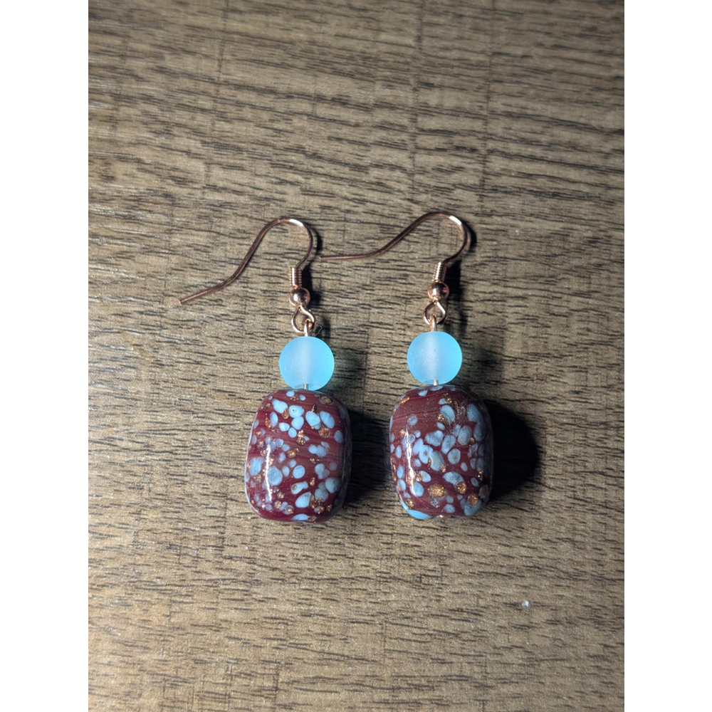 Blue & Brown Glass Dangle Earrings with Rose Gold Hooks Handmade Speckled Bead - Picture 7 of 8